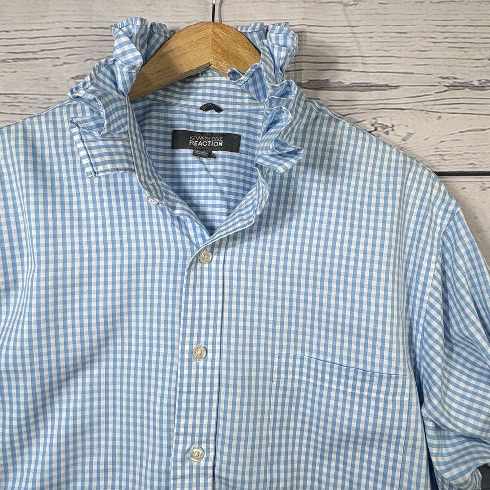 Upcycled Re-worked Ruffle Collar Large Blue Gingham Check Kenneth Cole Viral